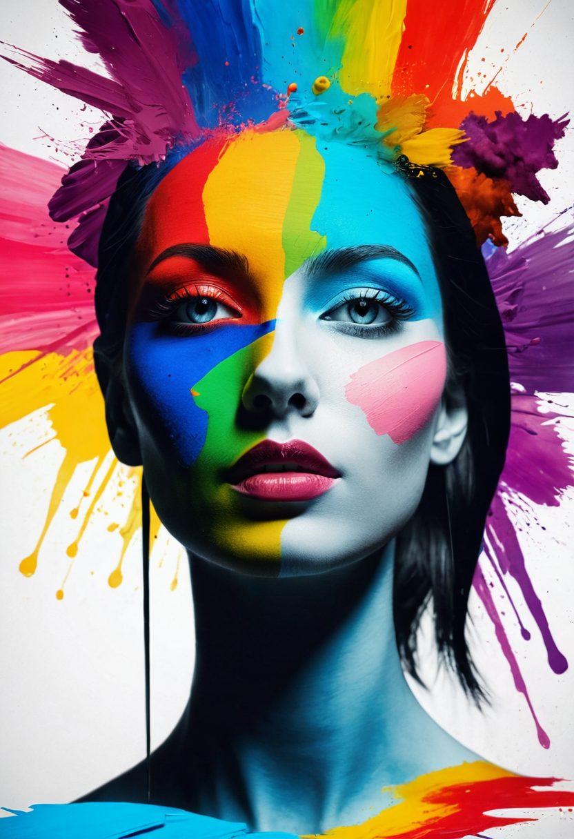 A split-image showcasing two contrasting worlds: on one side, an artist's palette with vibrant colors, brushes, and abstract shapes representing artistic expression; on the other side, a blurred silhouette of a provocative figure, emphasizing explicit content, with a soft-focus background of a blog interface. The center divides them with a faint, ethereal line symbolizing the balance between art and explicitness. surrealism. bold colors. 3D effect.