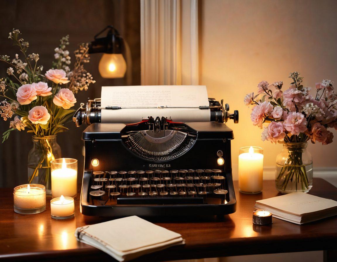 A visually enchanting scene showcasing an intimate writing space with soft ambient lighting, a vintage typewriter surrounded by delicate flowers and romantic candles. The background features subtle hints of sensual art on the walls, symbolizing expression and intimacy in journaling. The atmosphere is warm and inviting, enhancing the theme of crafting personal stories. painterly style. warm colors. soft focus.