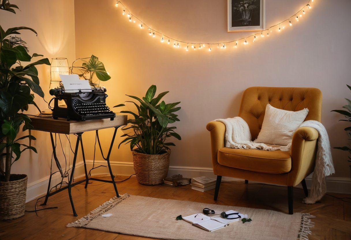 A cozy, softly lit room with a plush armchair and a small table holding a vintage typewriter and an open diary filled with handwritten notes. Delicate fairy lights hang in the background, enhancing an intimate ambiance. A glass of wine rests beside the open journal, hinting at the sensual inspiration of the blog. Lush houseplants frame the space, creating a serene and inviting environment for creative expression. warm colors, cozy atmosphere, depth of field.